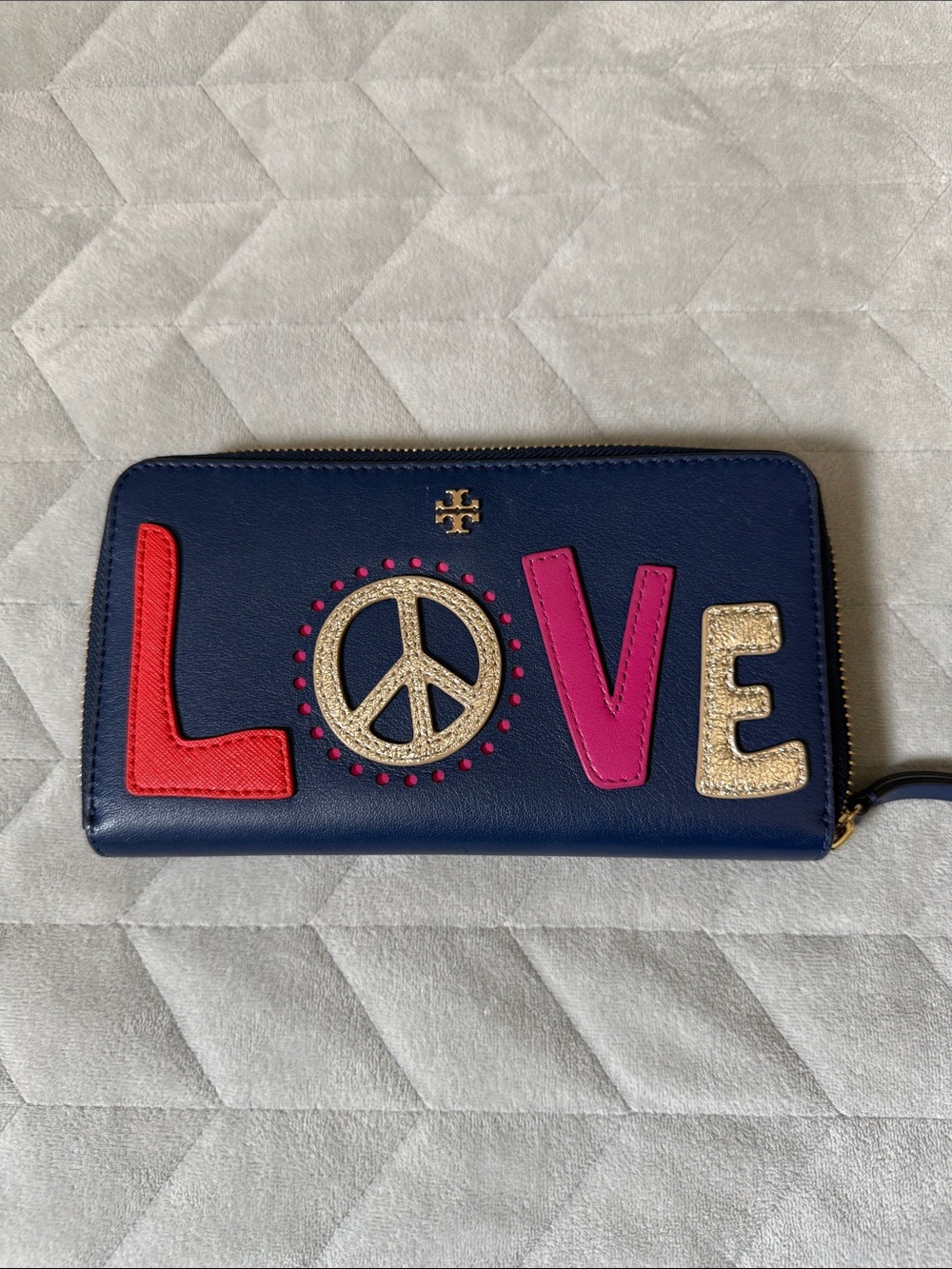 Tory Burch Navy Zip Wallet with Red, Pink & Gold 'LOVE' Appliqué